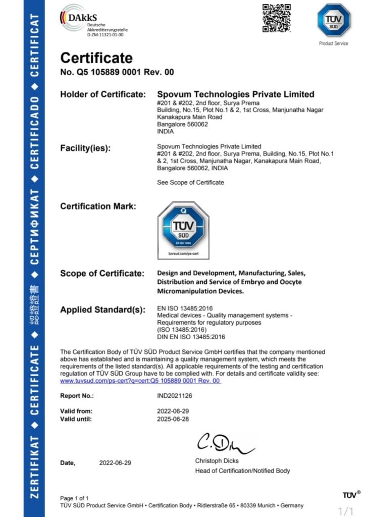 SpOvum ISO 13485 certificate
